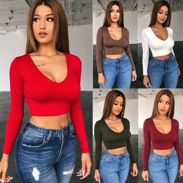 

Women Long Sleeve Sexy Crop Tops T-Shirts Summer Autumn Tee Top Deep O Neck Solid Color Basic Tops Slim Female Shirts