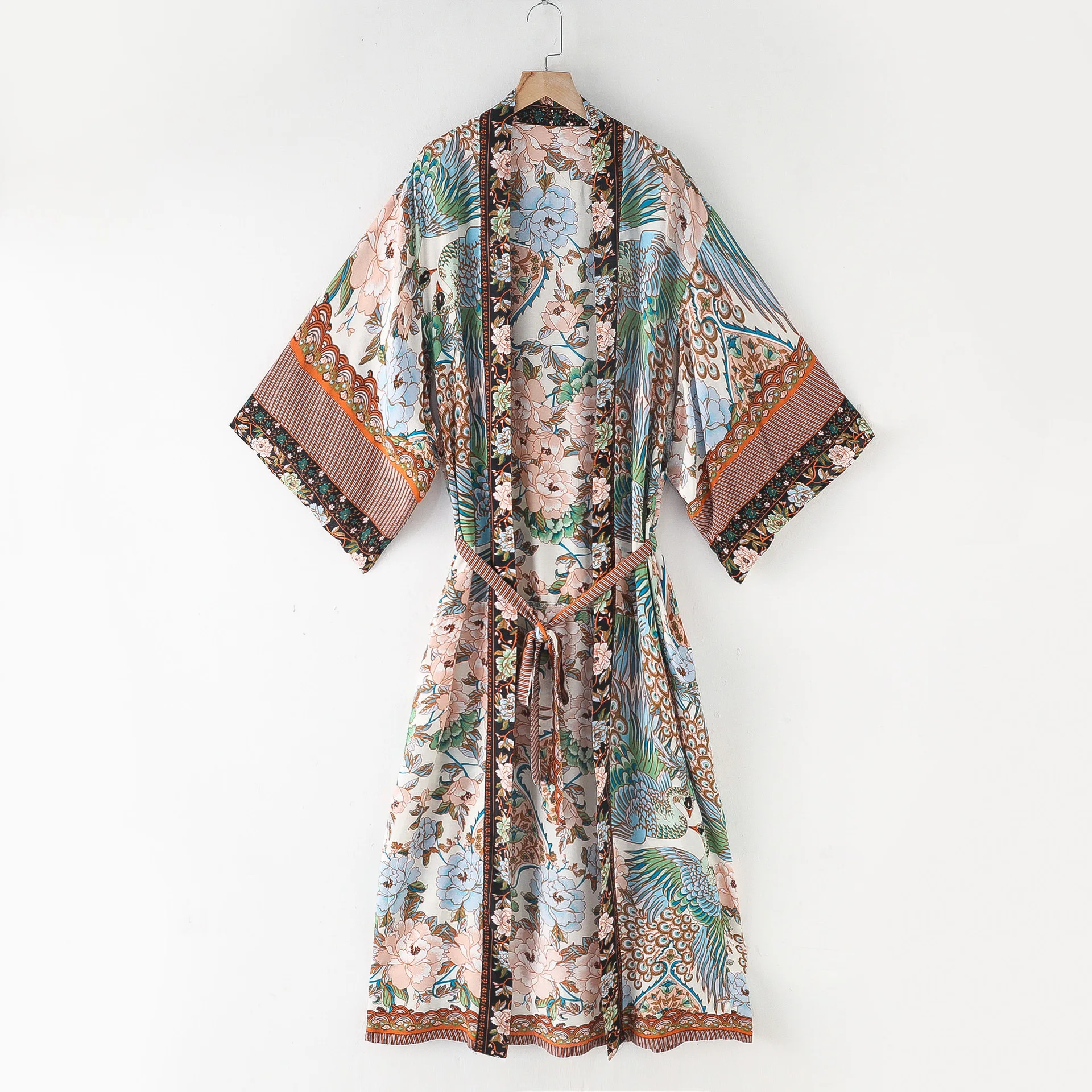 
Long Duster Vintage Flower Birds Floral Print Long Loose Fit Kimonos Casual Women Boho Robes Oversize Sashes Maxi Kimonos Dress 