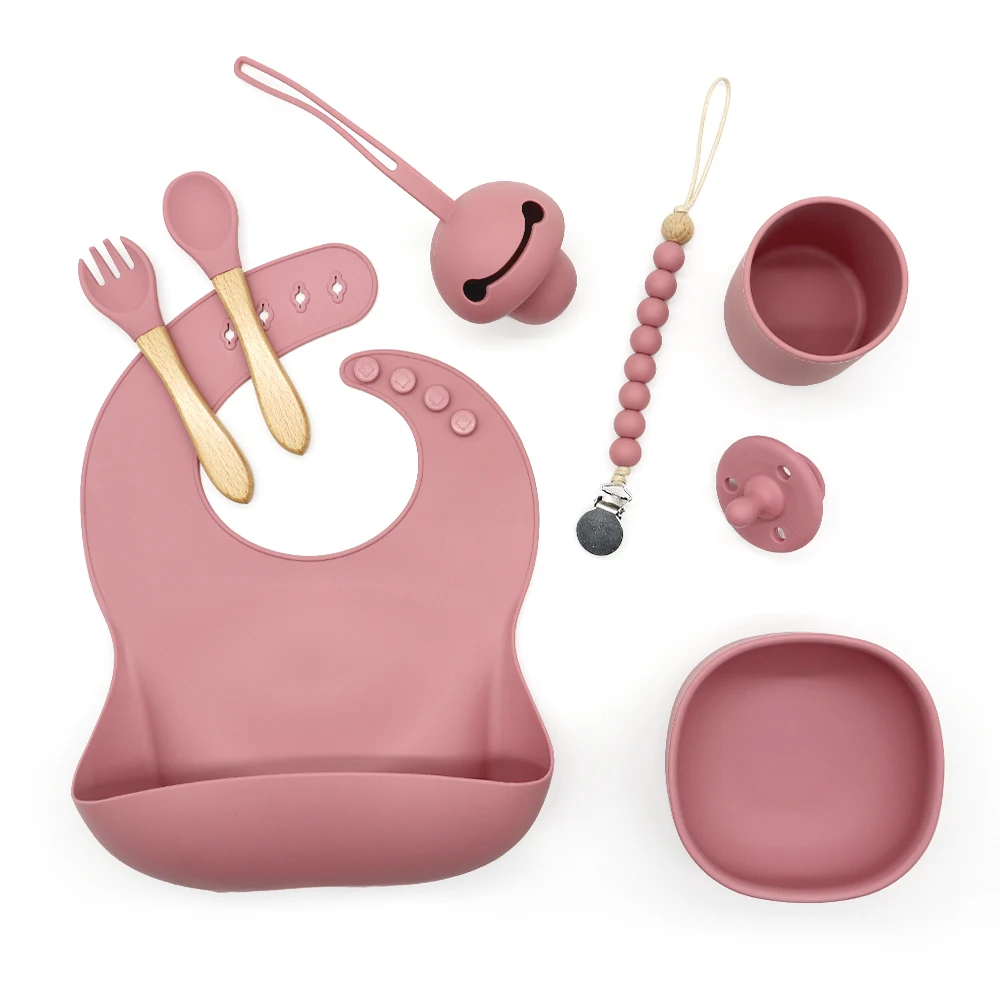 

Baby Feeding Tableware Kit BPA Free Bibs Food Bowl Plate Silicone Utensils Set, 17 colors stock & pantone oem