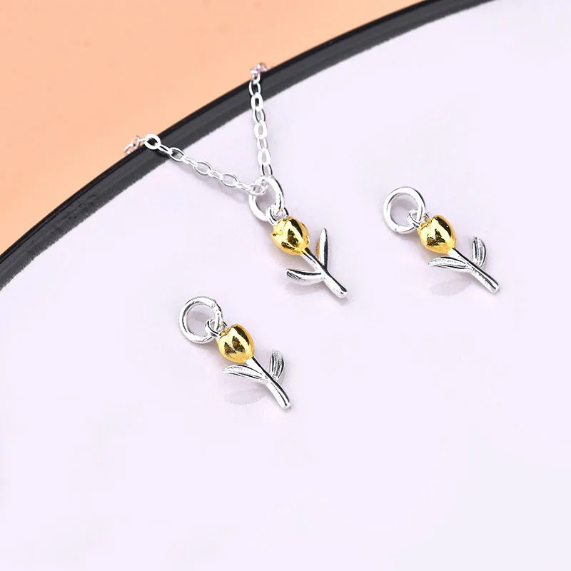 

S925 Sterling Silver Tulip Pendant Tiny Flower Charm Pendant With Closed Ring For Jewelry Making Accessories Wholesale