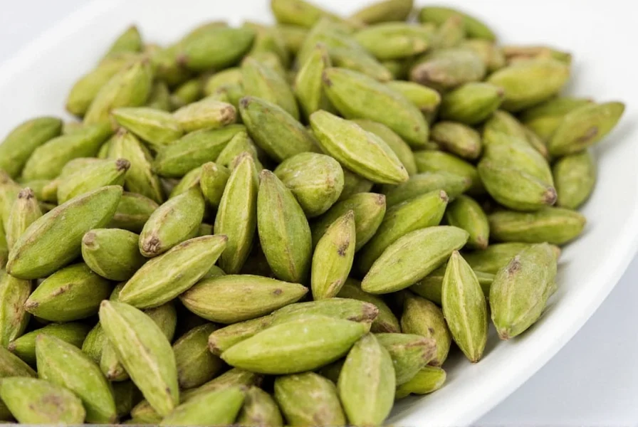 Close-up of green cardamom pods showing their triangular shape and green color on a wooden cutting board with measuring spoons