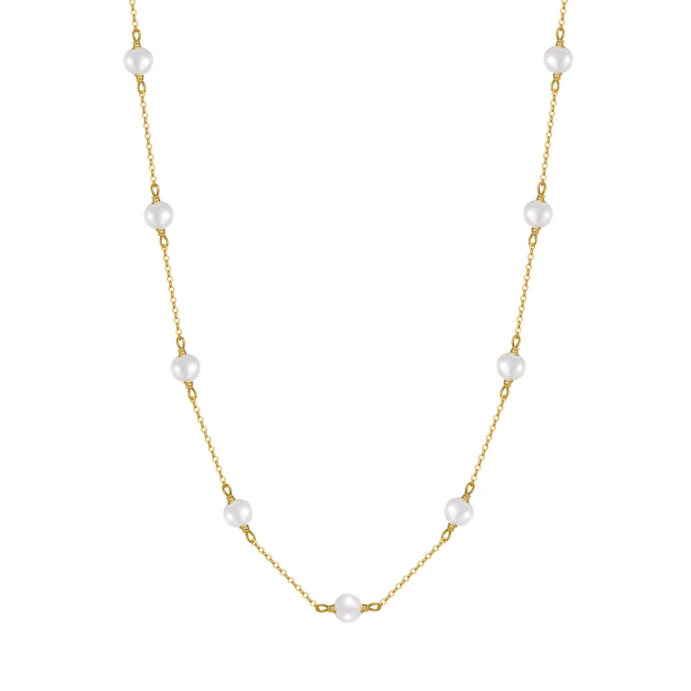 GPN19 Handmade 14K Gold Real 925 Sterling Silver Pearl Necklace with 3-4mm Real Cultured Baroque Pearl Tiny Chain Necklace