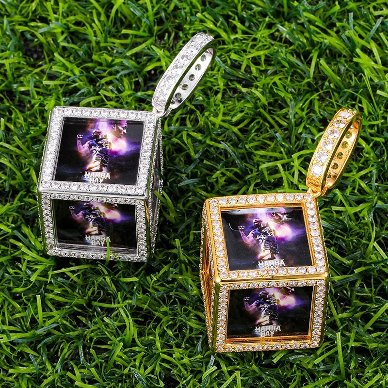 

Hip Hop Jewelry Iced Out CZ Cubic Zirconia Medallions Custom 6 Photos Square Pendant Customize Picture Cube Pendant Necklaces, Yellow gold/sliver color