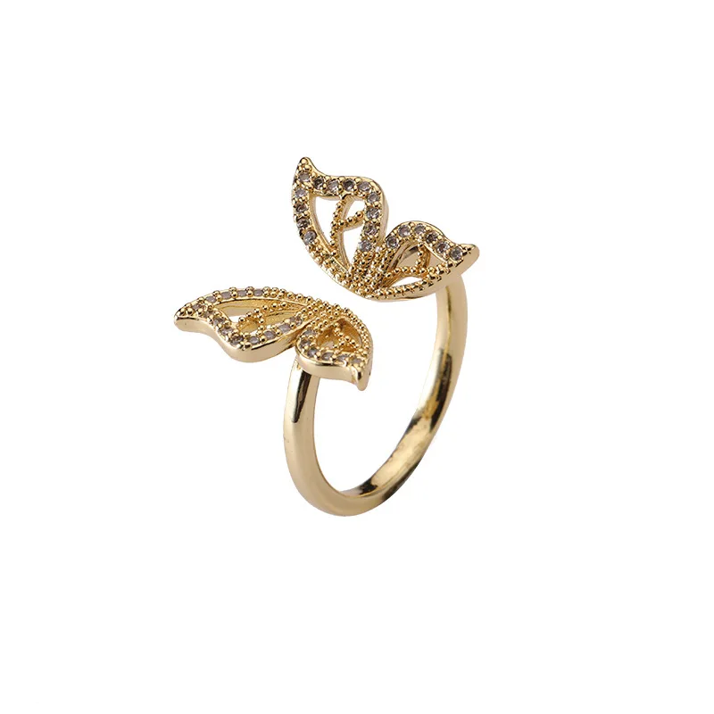 

Hot selling Real 18k Gold Plated Stainless Steel Crystal CZ Resizable Ring Zircon Butterfly Open Finger Rings