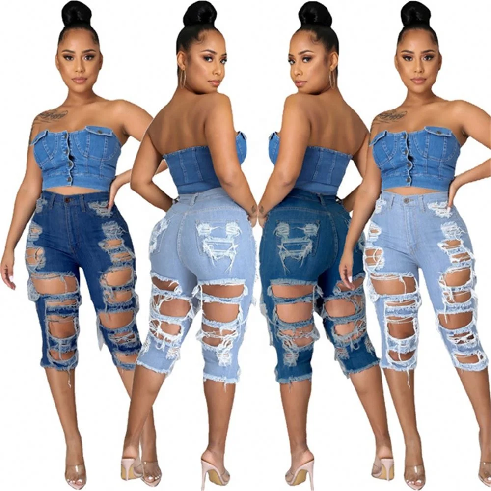 

Sexy Streetwear Solid Color Skinny Stretch Ripped Hole High Waist Knee Length Pencil Jean Shorts Women