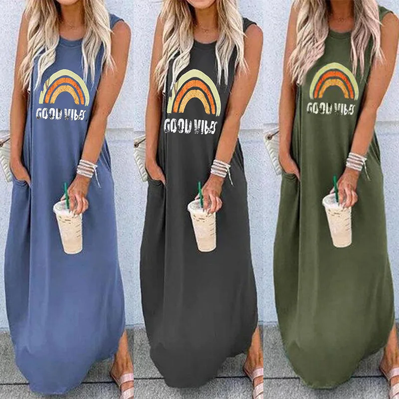 

Women's Letter Printed Side Slit Sleeveless Maxi Dress