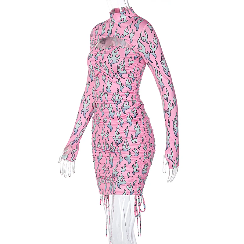 

fall night dresses Long Sleeved Sexy Slimming Hollow out drawstring pink leopard print short dress for women