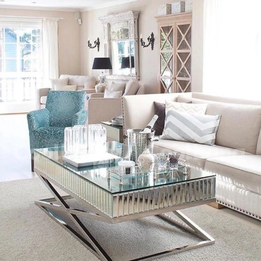 

Modern Home Furniture Living Room Stainless Steel X Legs Mirrored Coffee Table