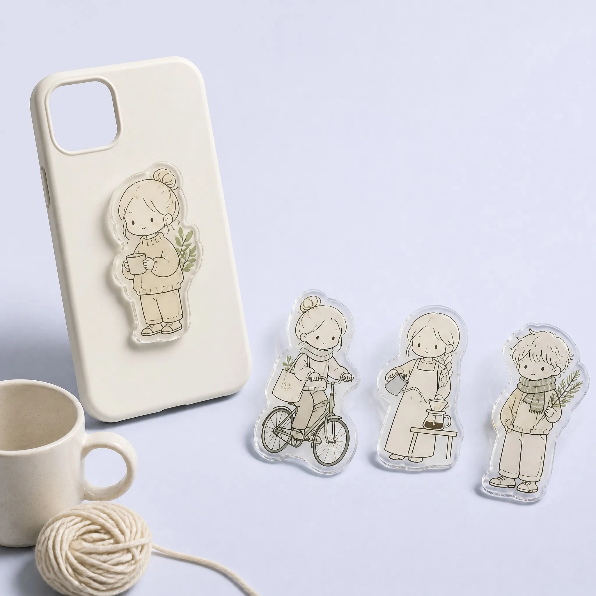 Cozy Sweater Tea Girl Acrylic Grip Attached to Phone Case with Bicycle Girl, Pour-Over Barista, and Winter Scarf Boy