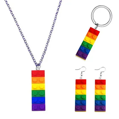 

New Arrival Cool Lesbian Gay Bisexual Rainbow Key Ring Hiphop Rainbow Necklace Earrings Bracelet for Pride Necklace Jewelry, As picture