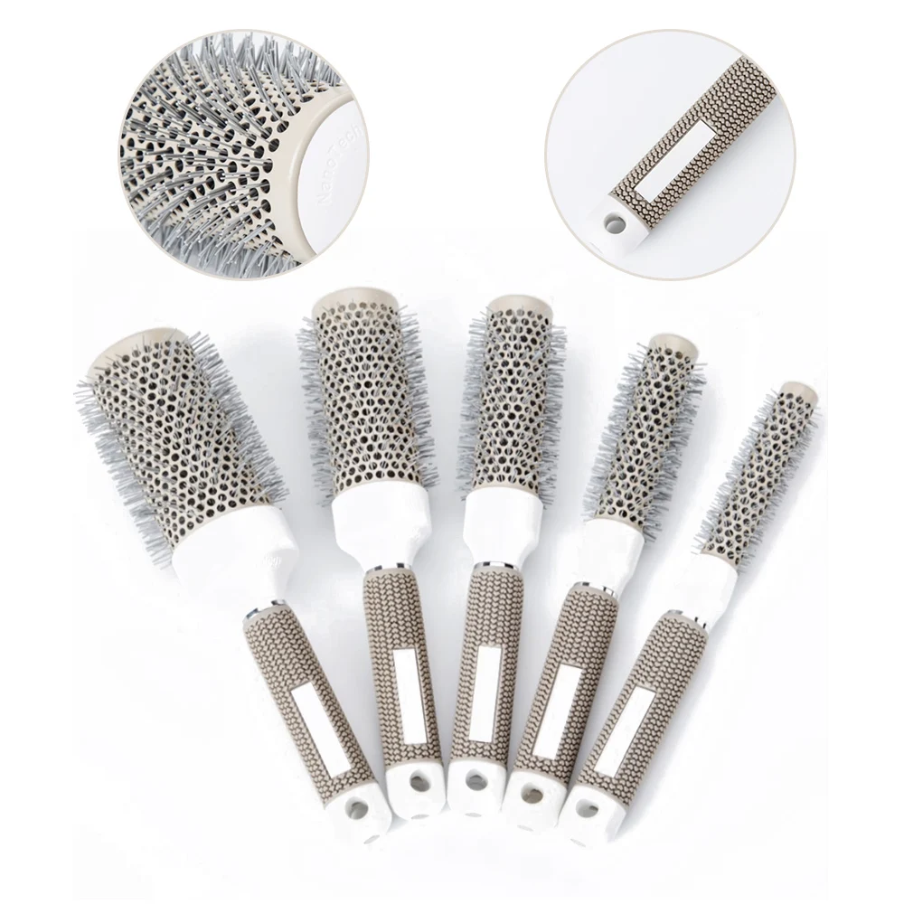 

Professional Round Hair Comb Temperature Resistant Hairdressing Ceramic Iron Brush 5 Size Salon Styling Tool for Hair, Beige