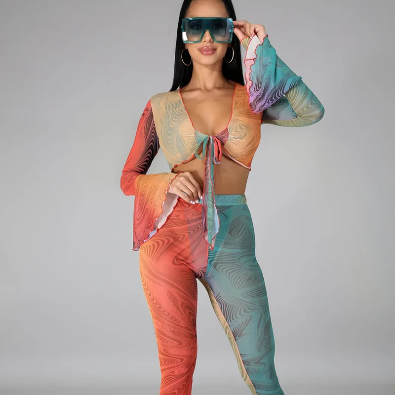 

H6335 - women fashion mesh flare sleeve printed two piece set