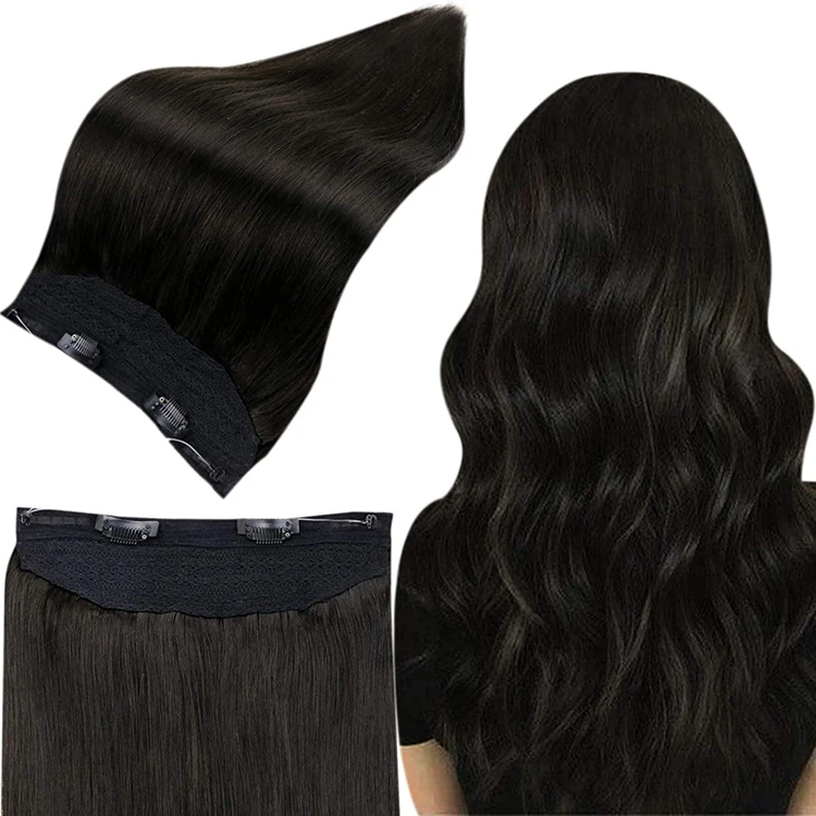 

Full Shine Silky Straight Halo Hair Extensions Remy Hair #1B Natural Black Invisible Skin Weft Halo Human Extensions