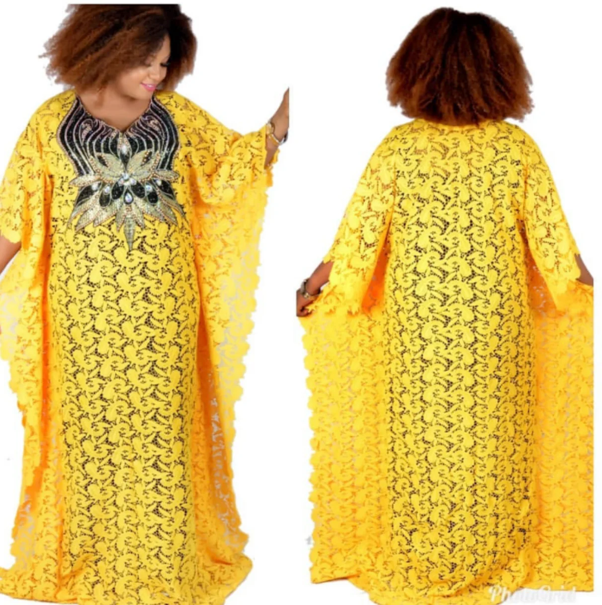 

American African Fashion Women's Loose Real Lace Bat Sleeve Abaya + Inner Two Piece Set Boubou