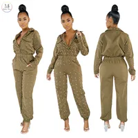 

New Stylish Ladies Rompers Jumpsuits Beading Solid Color Slim Casual Fall Elegant Long Sleeve One Piece Women Jumpsuit