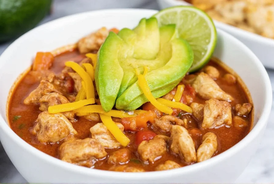 Chicken chili served in white bowl with avocado, cheese, and lime garnish