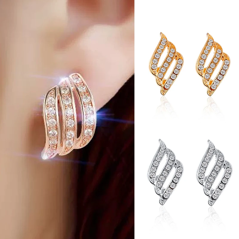 

JuHu Ladies Crystal Fashion Jewelry Golden Rhinestone Earrings Modern Jewelry Crystal Earrings, As picture