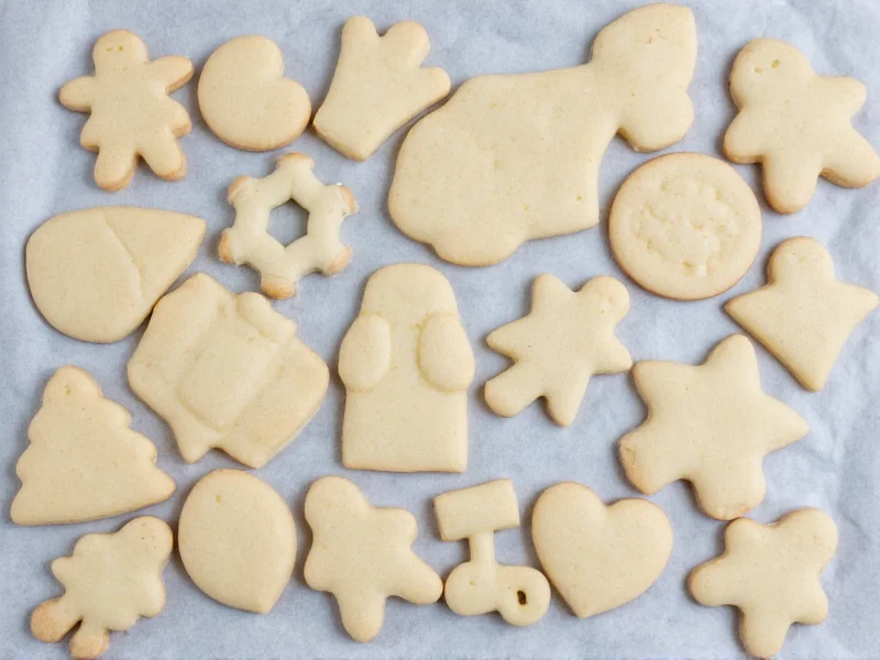Homemade sugar cookies shaped with cookie cutters on parchment paper