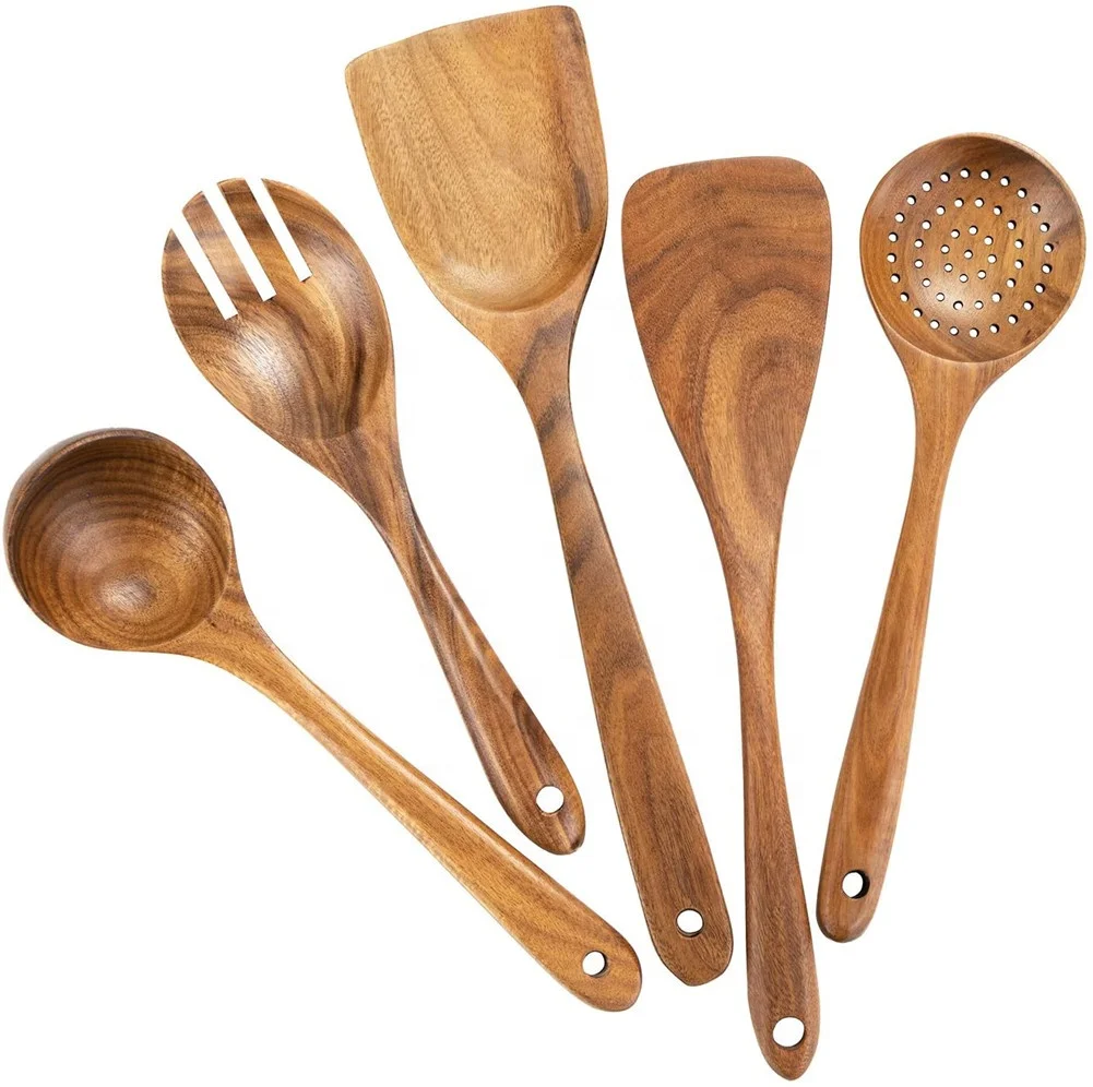 

5 pcs Wood Cooking Utensils Wooden Spoons Non Stick Scratch Natural Kitchen Tools Kitchenware Cookware Durable