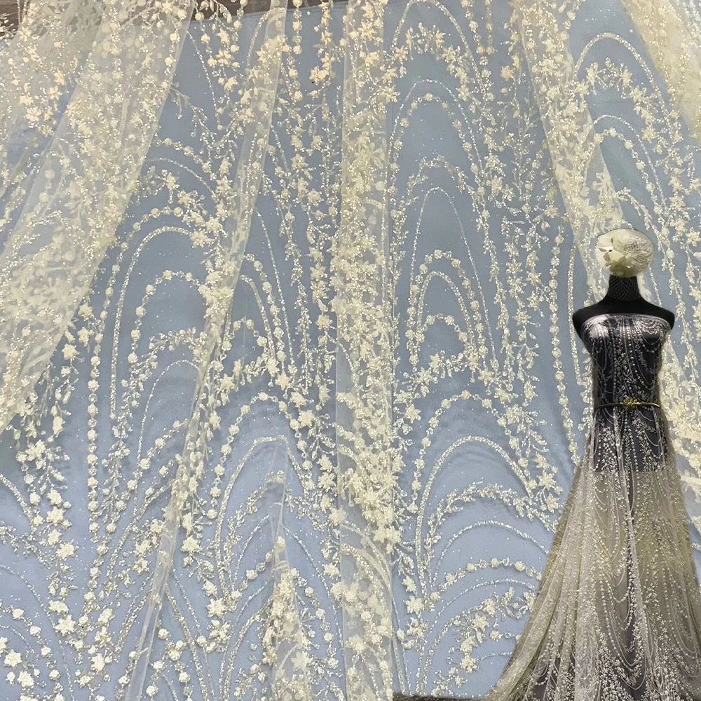 

New Arrival Turkey Mesh Lace Glitter Polyester Fabric, Glitter Lace Fabric For Women Dresses Party Wear