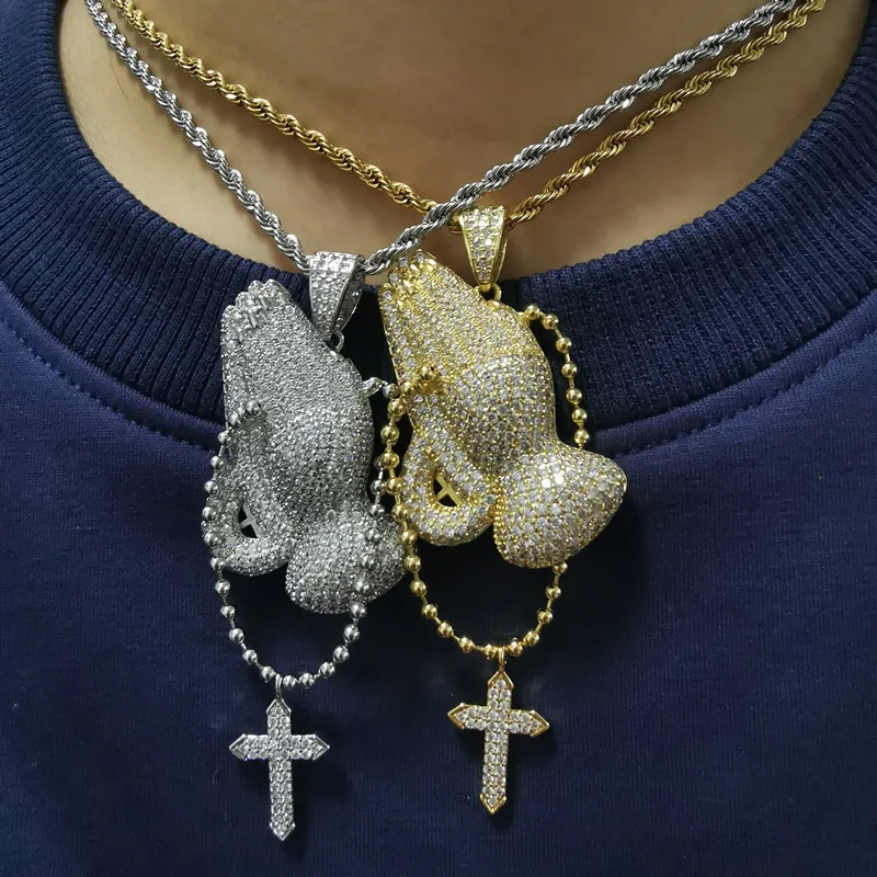 

Hip hop jewelry ice out jewelry prayer hand with cross religious prayer inlaid with zircon cross pendant necklace