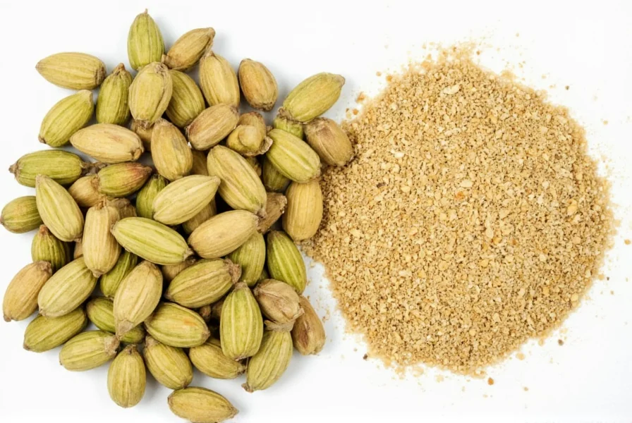 Cardamom pods and ground cardamom next to ginger products for spice substitution comparison