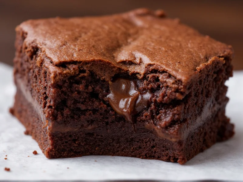 Close-up of fudgy chocolate brownie slice with melted interior