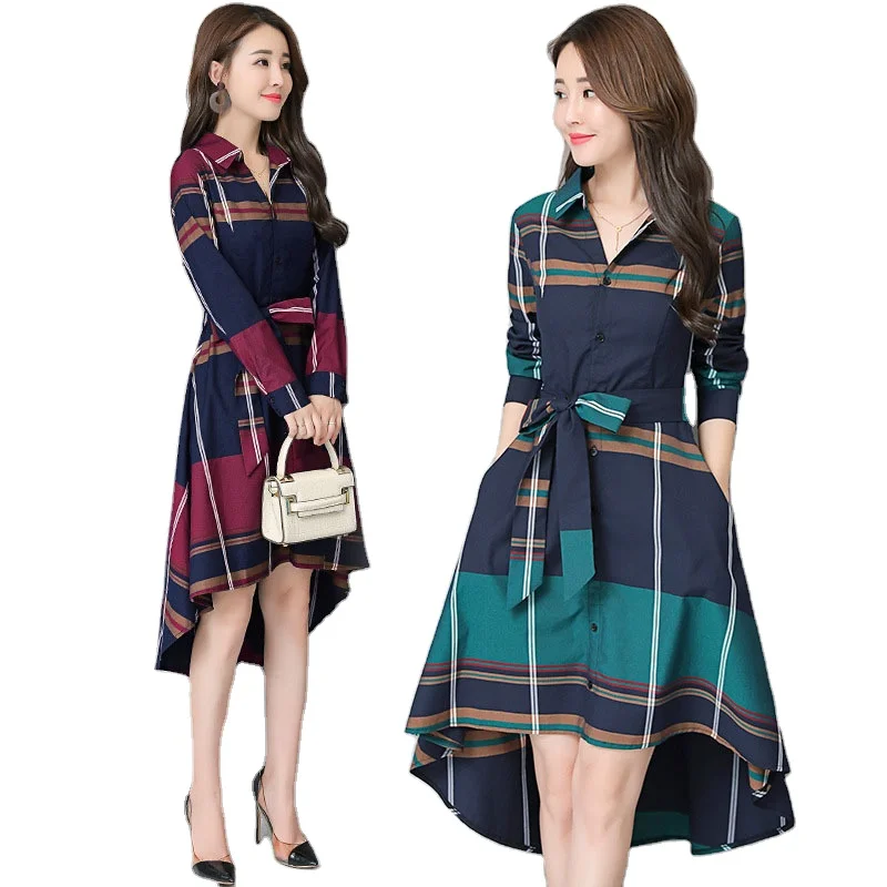 

2021 women's mid-length dress Summer new style Korean temperament slim-fit plaid shirt skirt irregular dress, Customized color