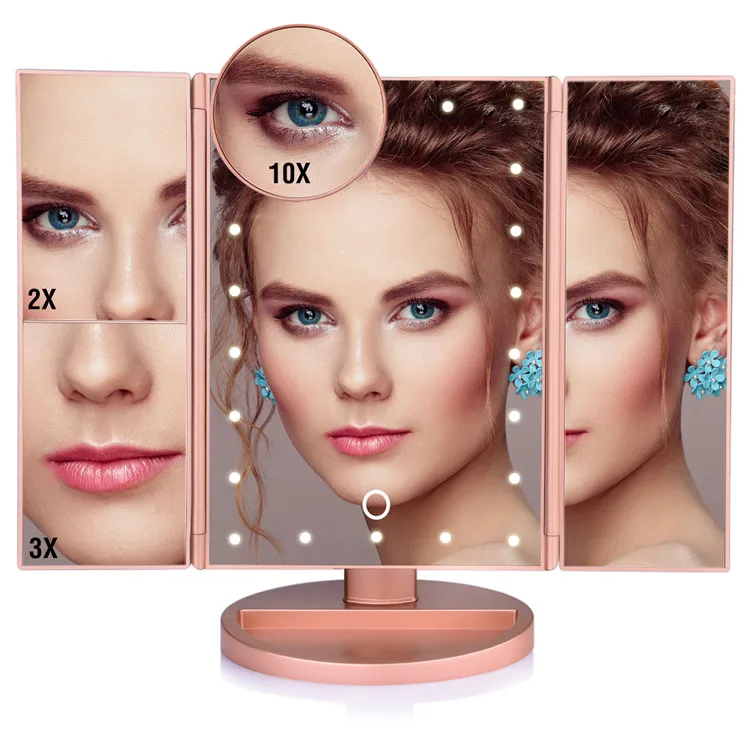 

RY07 Mirror Led Makeup Tri Fold Mirror Make Up Mirror With Led Light, White/black/rose gold/gold