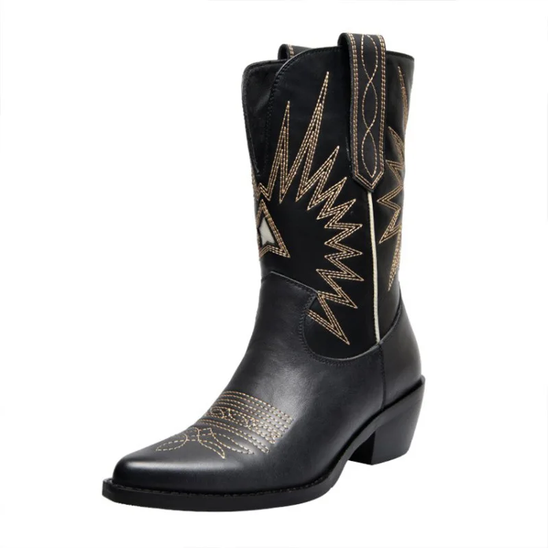 

Winter fashion cowboy boots for women embroidery leather women boots, Black/white