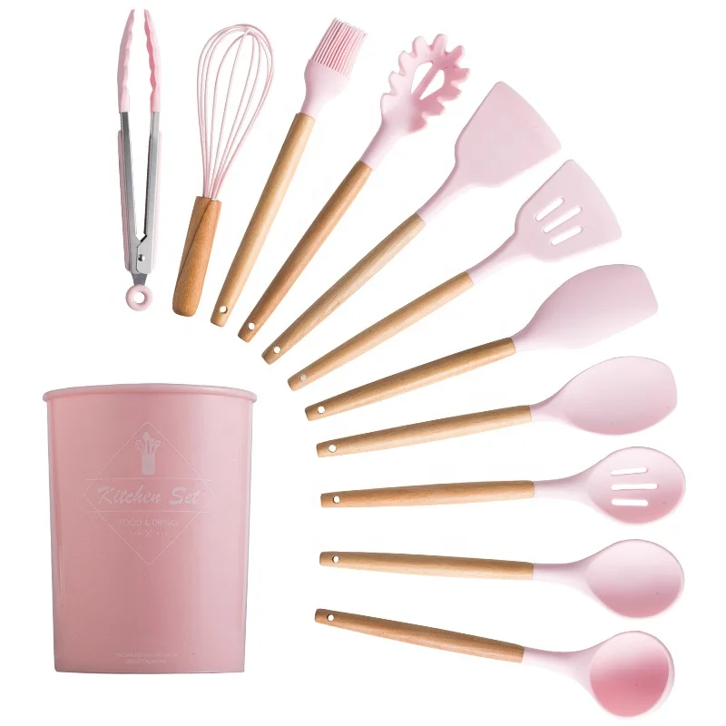 

Chinese Style Silicone Kitchen Cooking Utensils with Silicone handle Kitchenware set Accessories with Bucket, Pink