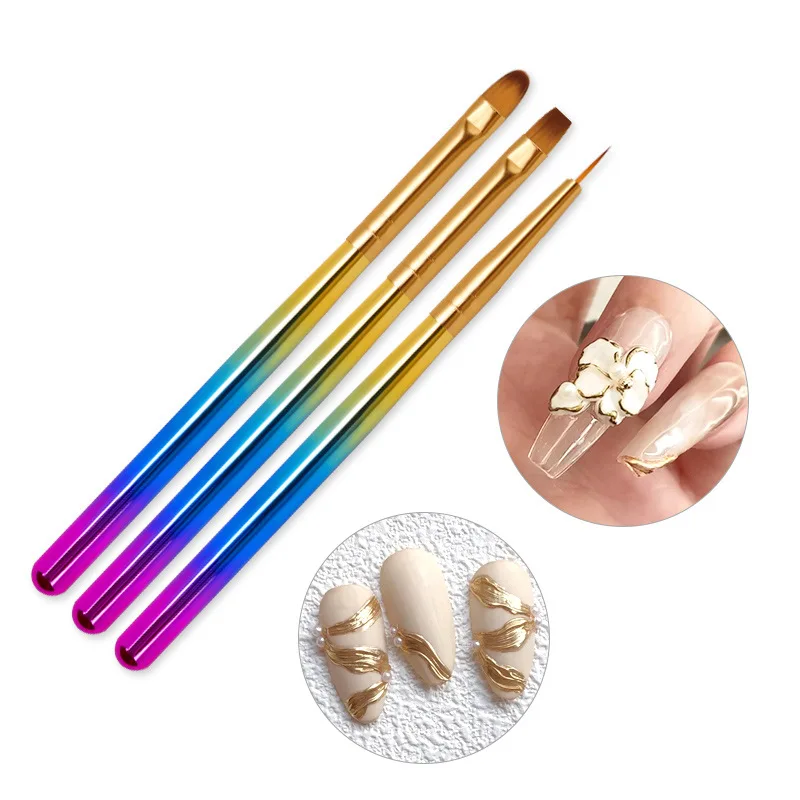 

3Pcs Nail Art Pen Rainbow Metal Handle Nail Drawing Pen Line Pen Nail Art Brush Set