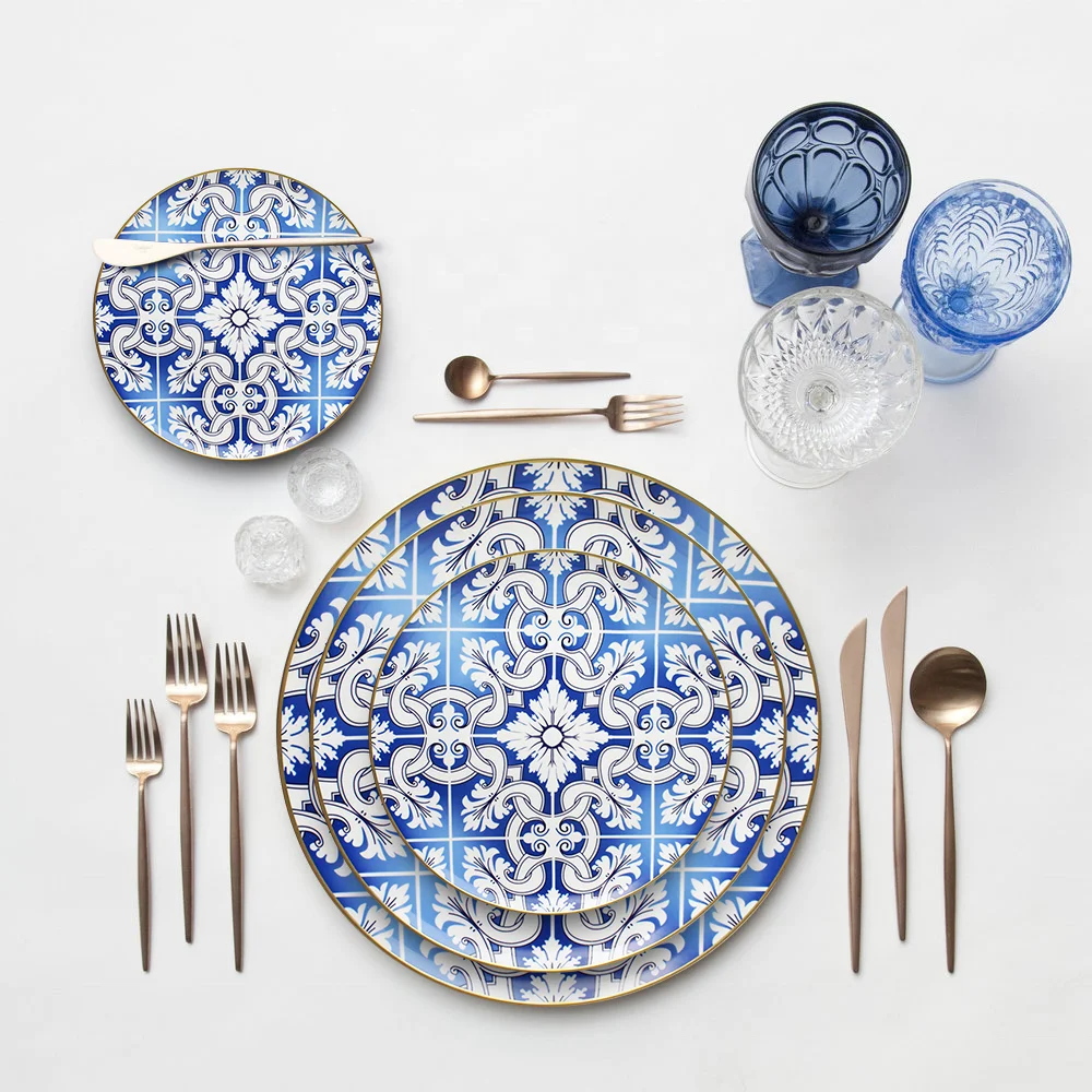 

High quality plate &dish ceramic tableware fiber dinner sets porcelain dinnerware sets on sale, Gold and blue