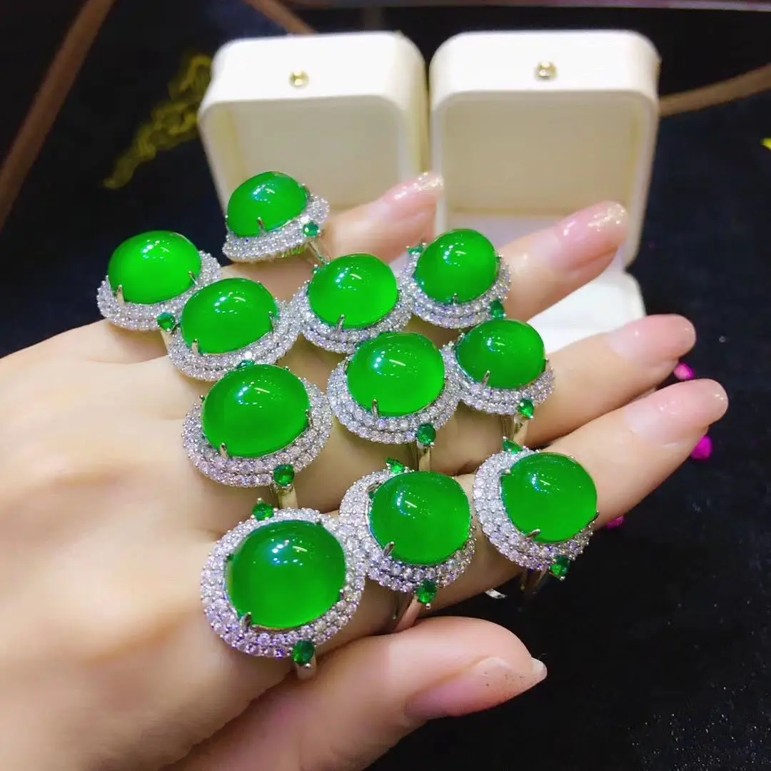 

Wholesale Natural Green Chalcedony Ring Sliver Inlaid Shiny Rhinestone Crystal Jade Ring For Women Gifts, As picture show