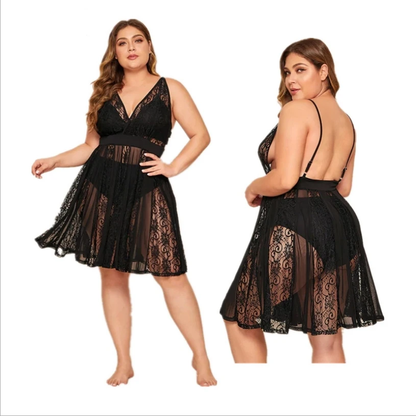 

2020 new arrival sexy dress fat women plus size women clothing v neck perspective women's underwear lace plus size dress, Black