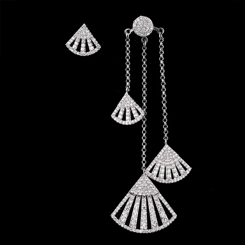

Fan Tassel Bold Large Boho Earring Zircon Dangle Leaf Fan Shape Long Dangle CZ Earring