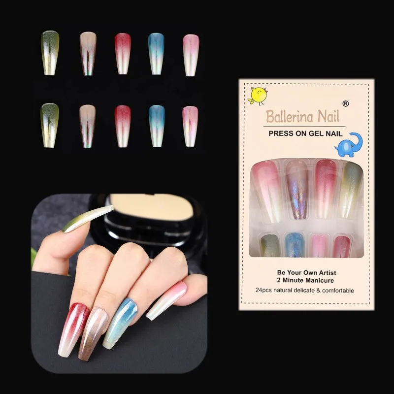 

NA-040 Fashion 24pcs Full Cover False Nails Gradient Glitter Bling 2022 Long Press On Nails, As picture show