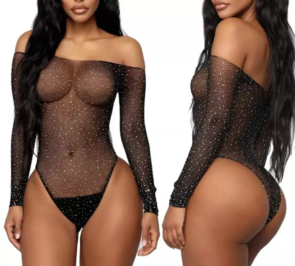 

2021 See Through Temptation Bodysuit Sheer Mesh Femme Hot Transparent Shiny Sequin Fishnet Women Rhinestone Sexy Lingerie, White