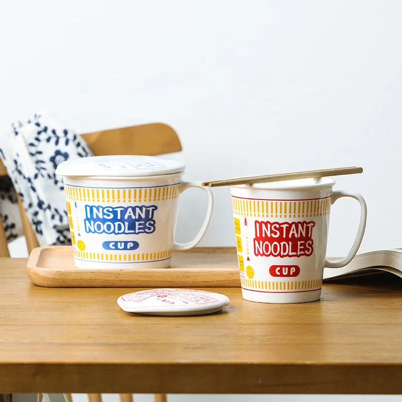 

800 ml Ceramic Ramen Noodle Cup Mug with Lid Instant Noodles Print Cute Bowl, Blue,white