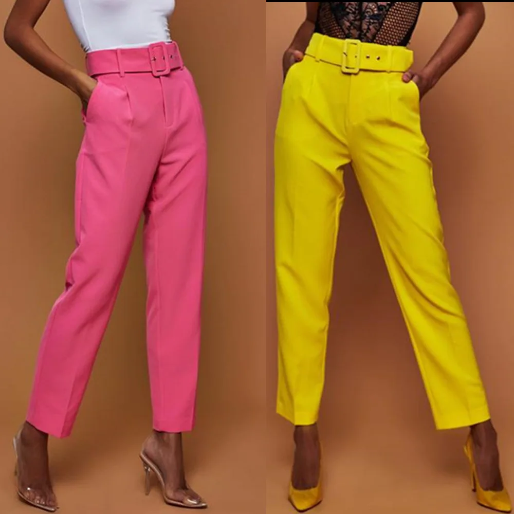 

F21061A Hot style The new hot style women's high-waisted solid color straight pants with belt, White, pink,khaki, yellow