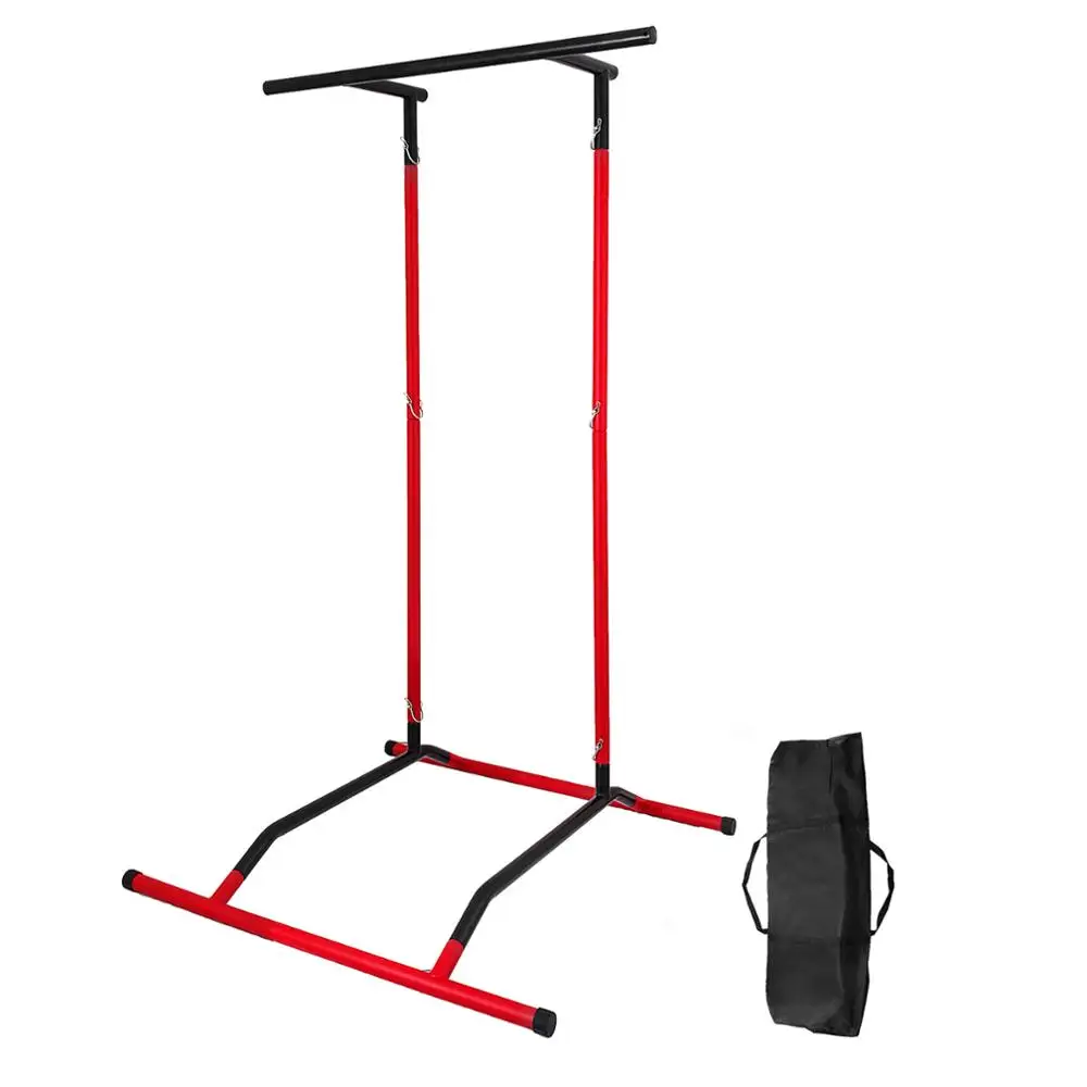 

Fitness Portable Body Weight and Pull Up Rack Station For Dips Leg raises, Black + red