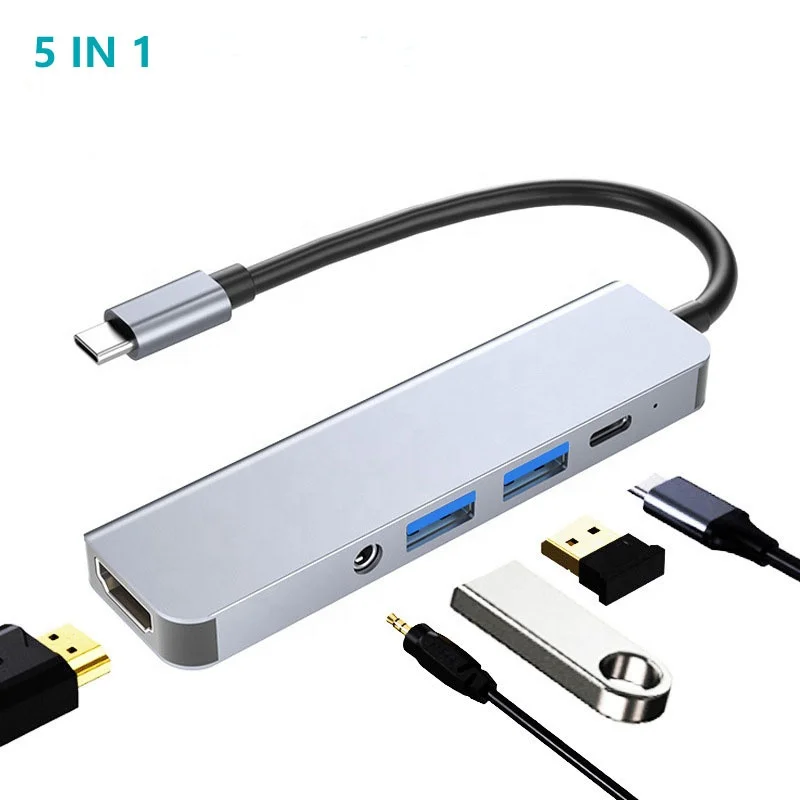 

5 in 1 multi usb hub mobile charger USB3.0 USB2.0 HTV 4K 30Hz 3.5mm Audio USB-C PD 87w Type c Hub, Silver