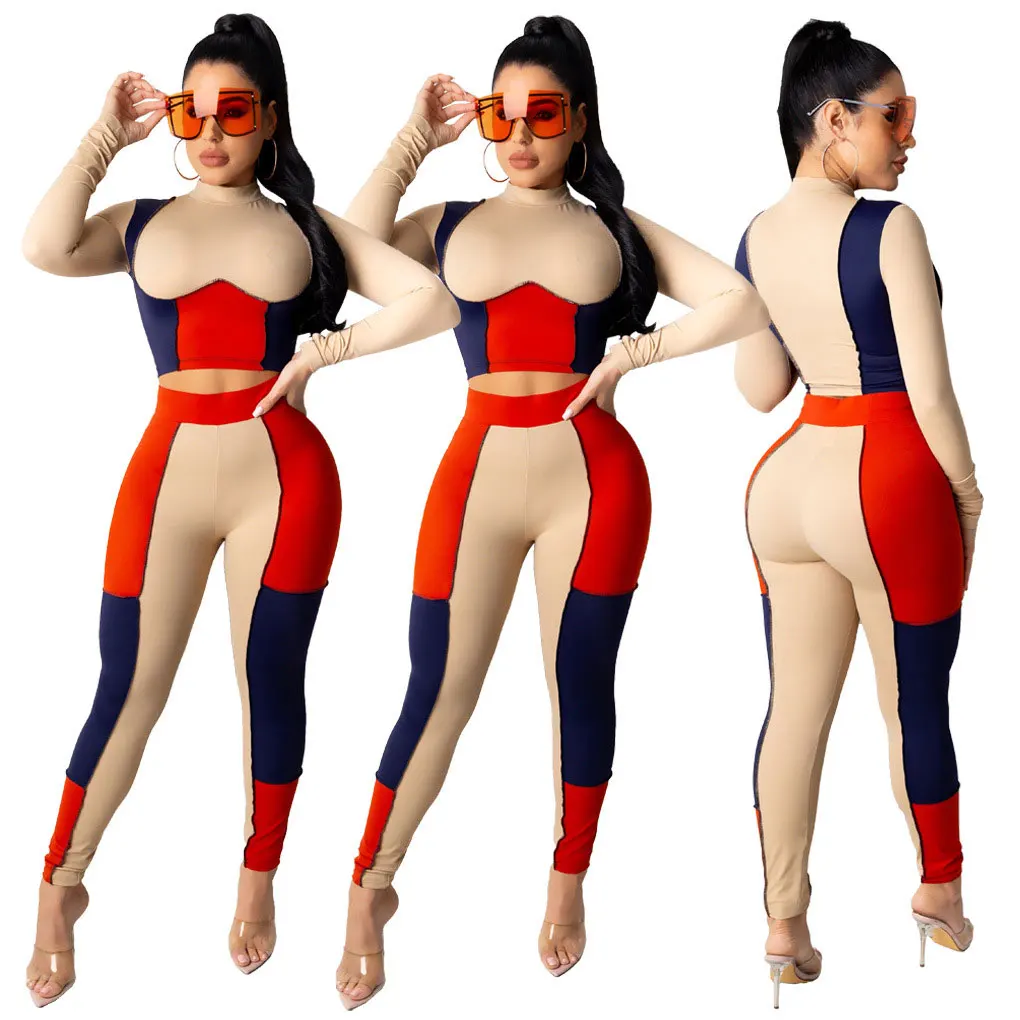 

21020-MX29 contrast color sport long sleeve women two piece set sehe fashion