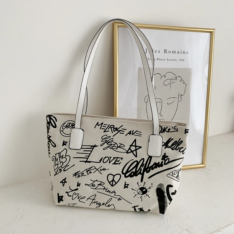 

Spring summer high capacity women's bag 2021 new fashion graffiti Canvas Handbag