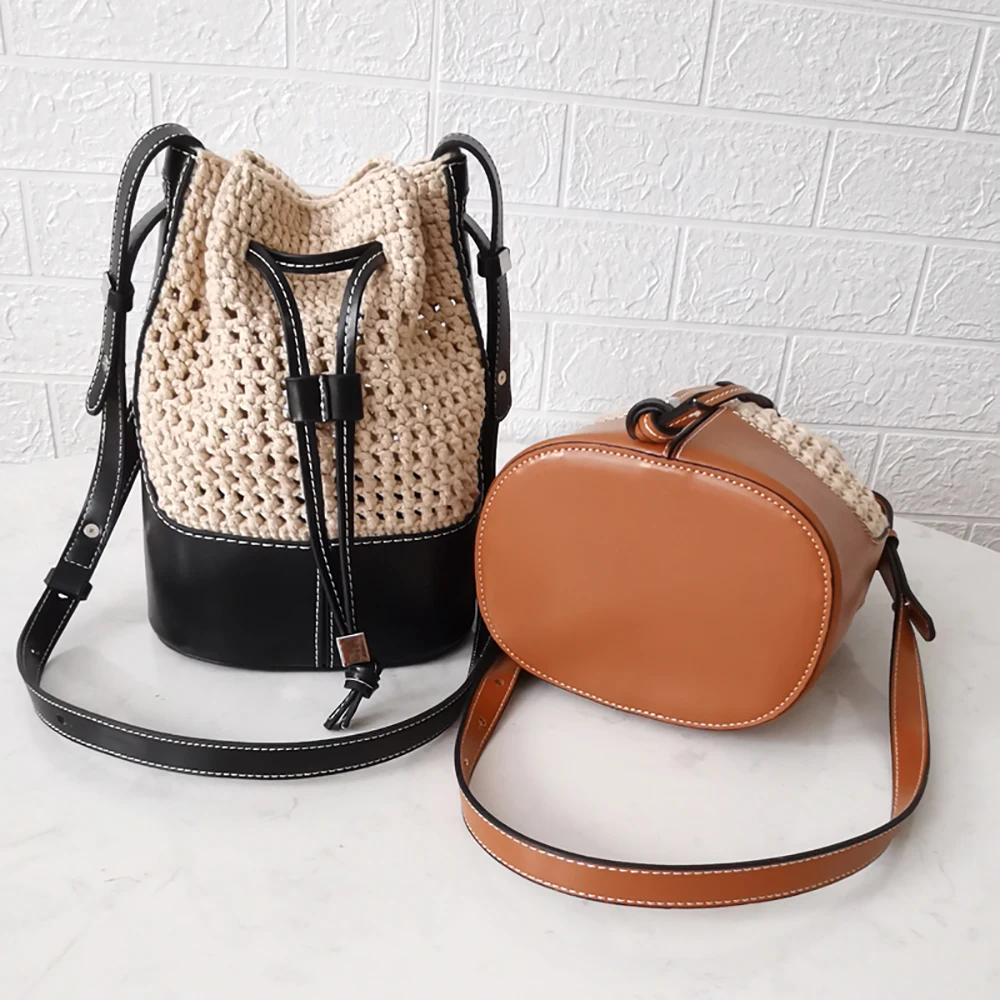 

Diy Handbag Accessories Hollow Drawstring Woven Bucket Bag Leather With Bag Bottom Shoulder Strap Belt Bags Backpack, Black/brown