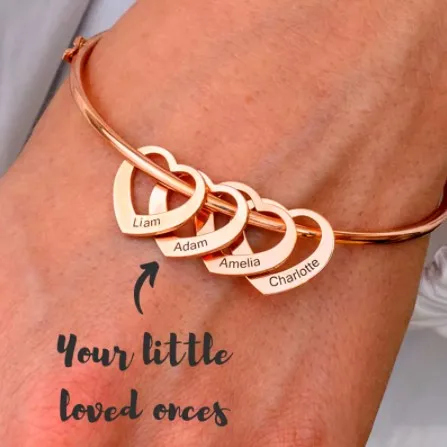 

Stainless Steel Bangle Personalized Hearts Charm Customized Engraved Name Bracelet for Women Gift