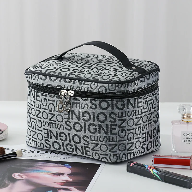 

korean classic travel cosmetic bag beauty skincare storage case make up organizer cute girls letter printed portable makeup box, Customized color