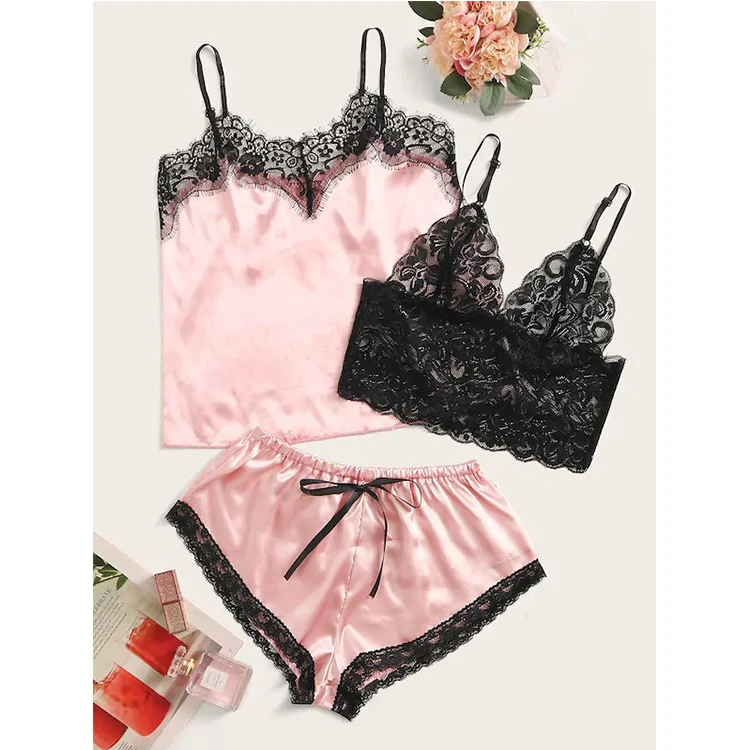 

NY-1033 New Amazon Hot Sales 3 Piece Pink Lace Lingerie Set