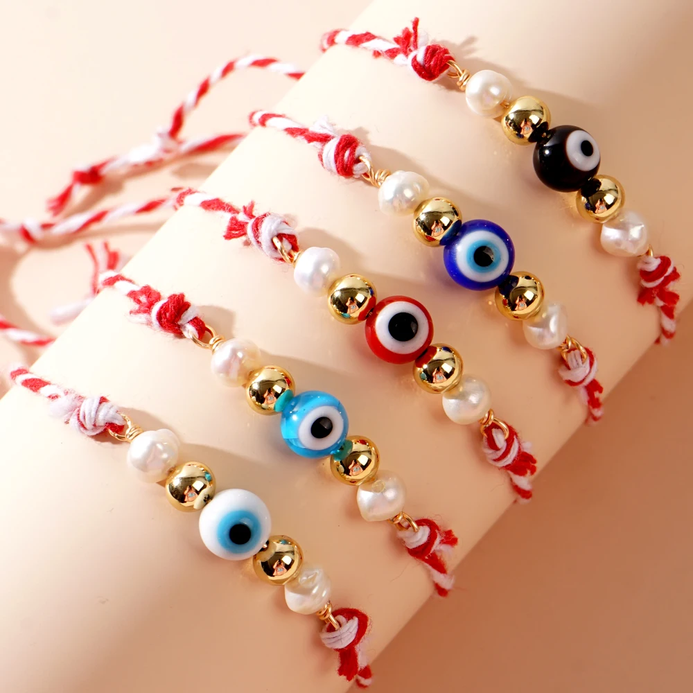 

Go2boho Spring Multi Red White Tradition Rope Stack Freshwater Pearl Glass Evil Eyes 2024 Luck Greek March Bracelets for Women