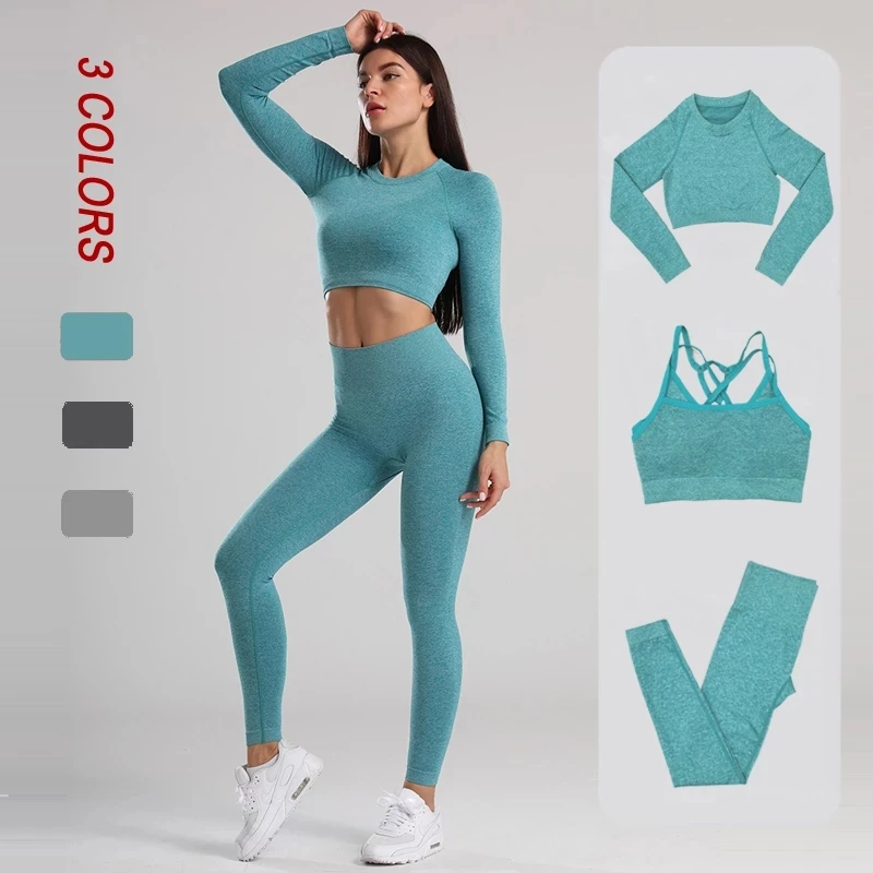 

2021 Westerm ladies seamless activerwear set strappy yoga bra high leggings long sleeve tops for women, Printed